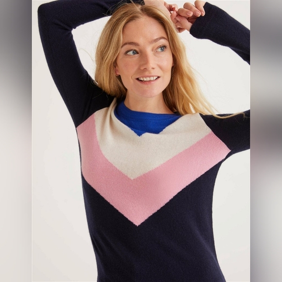 Boden Navy Chevron Cashmere Crew Neck Jumper Sweater - Picture 2 of 7